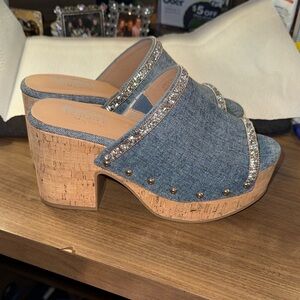 HEY DUDE by Corkys Blue Denim Platform Sandals with Rhinestone Accents WORN ONCE